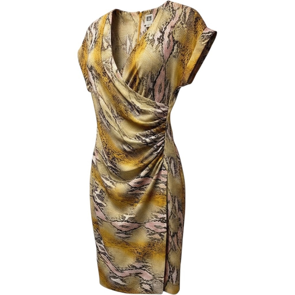 Anne Klein Sheath Dress 10 Yellow Pink Snakeskin Faux Wrap Ruched Mob Wife Siren